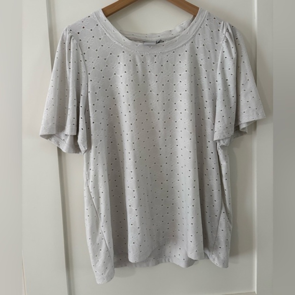 ICHI | White Eyelet Short Sleeve Top crew neck with stretch size XL